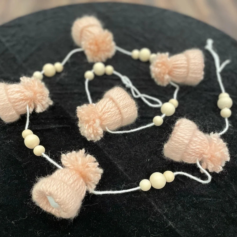Handmade miniature blush beanie hat and wood bead garland
